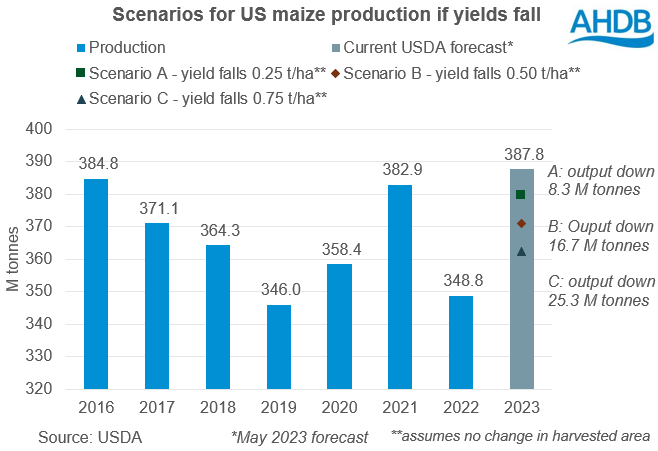 Chart showing impact of lower yields on US maize production in 2023-24